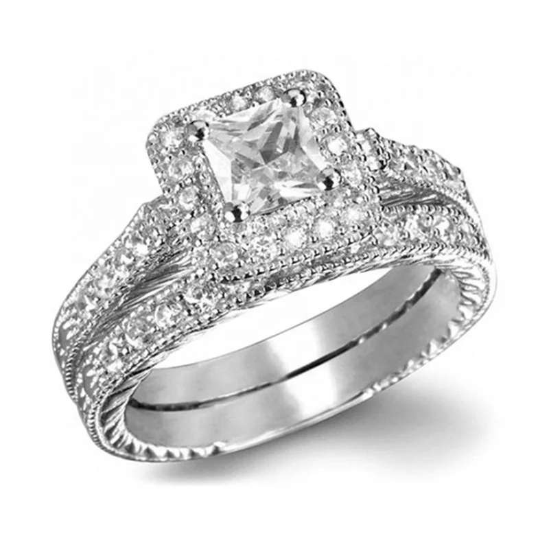 Wedding ring set fashion 10KT white square diamond ring set