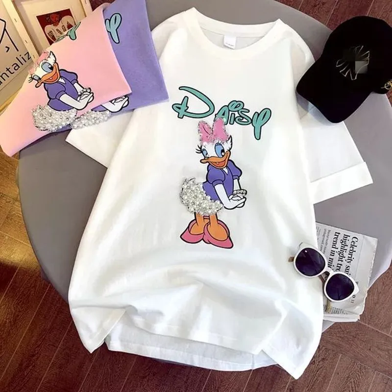 Новая модель 2021, Высококачественная футболка для девочек с мультяшным утенком и жемчугом, футболки из 100% хлопка с графическим рисунком, футболка для девочек с мультяшным рисунком