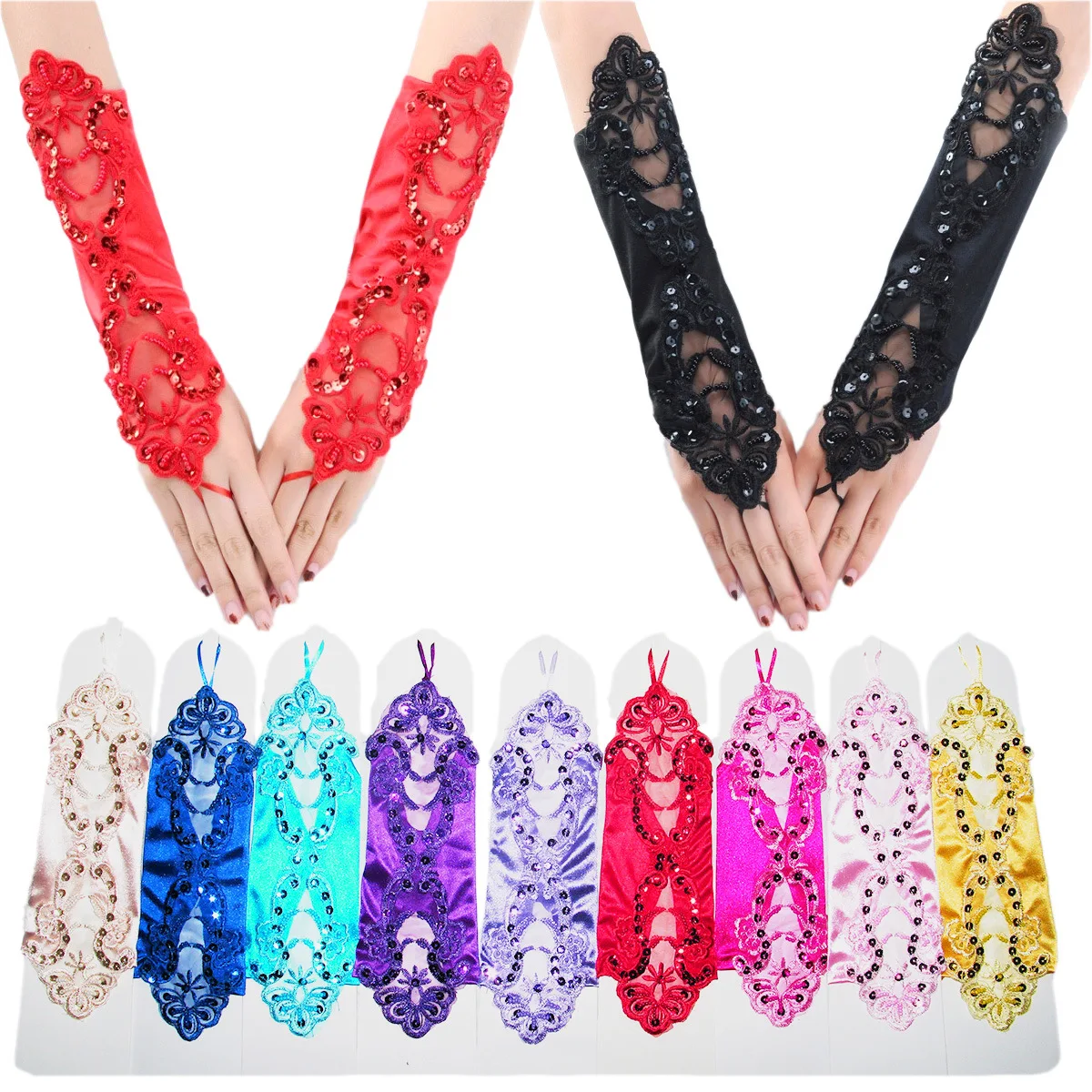 2022 New Cheap Fingerless Gloves Satin Wedding Bridal Gloves Beaded Lace Gloves Wedding Accessories Elbow Length