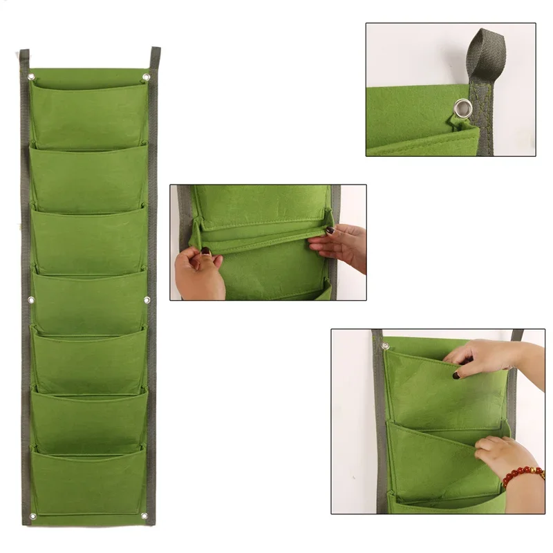 2mm 7 pockets Eco-friendly Green Field Vertical Wall Mount Hanging Plant Vertical Wall Hanging Garden Pots Fabric Grow Bags
