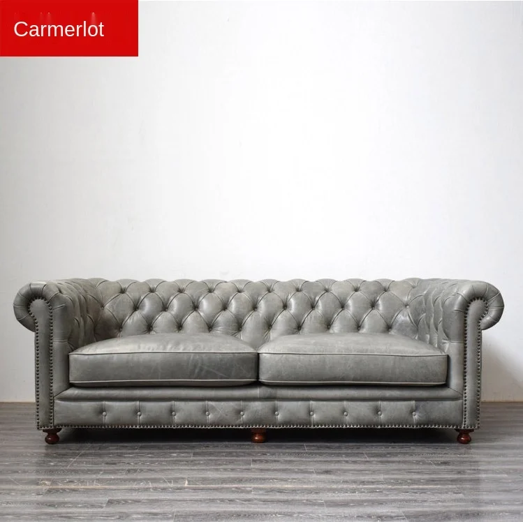 American-Style Vintage Leather Sofa European-Style Buckle Leather Single and Double Three-Seat Sofa Living Room Wax Leather Sofa