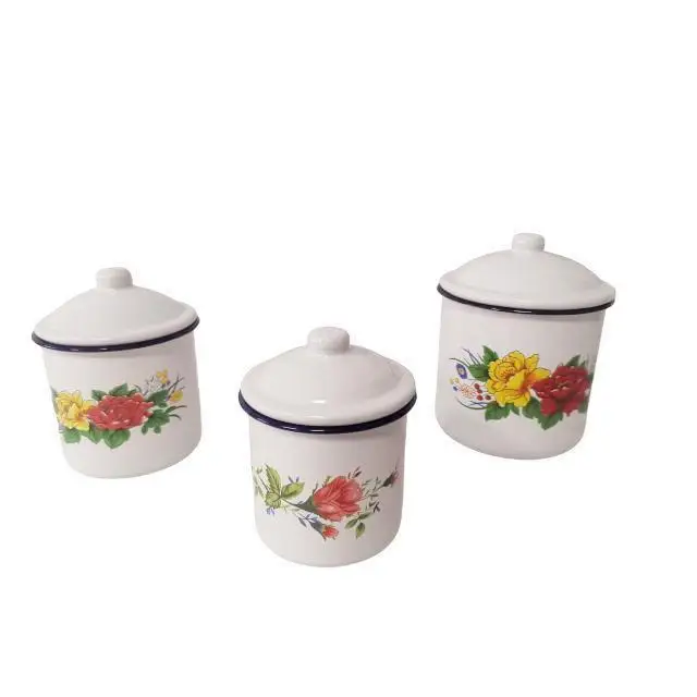 12CM 1200ML Hot Sale Have Flower Enamel Camping Tea Coffee  Cup With Handle Enamel Mug Deco With Lid