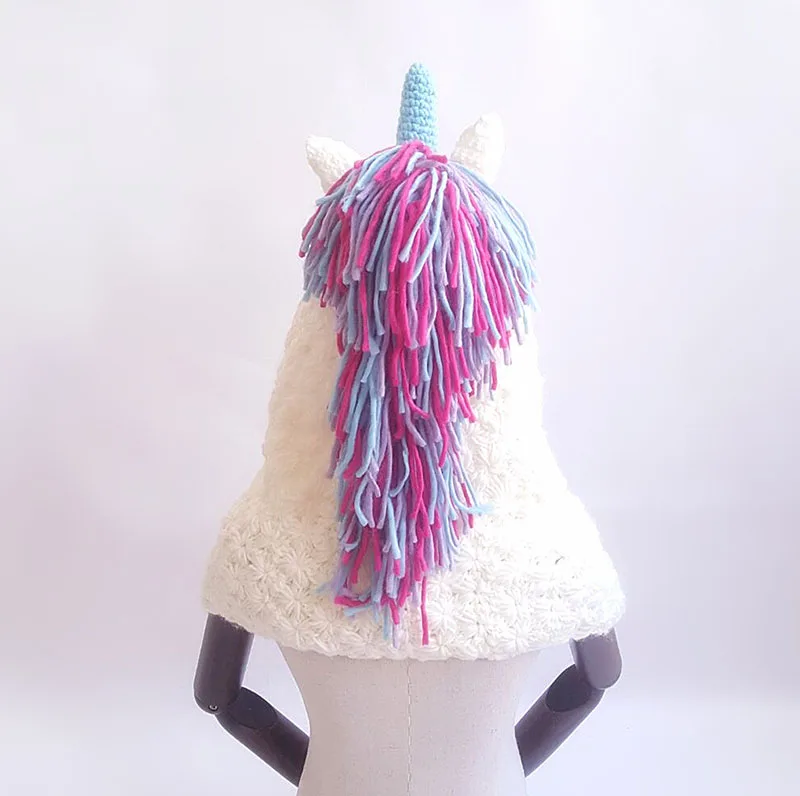 Girls Warm Handmade Children Knitted Beanie Crochet Cartoon Hooded Scarves Unicorn Winter Hat Neckerchief