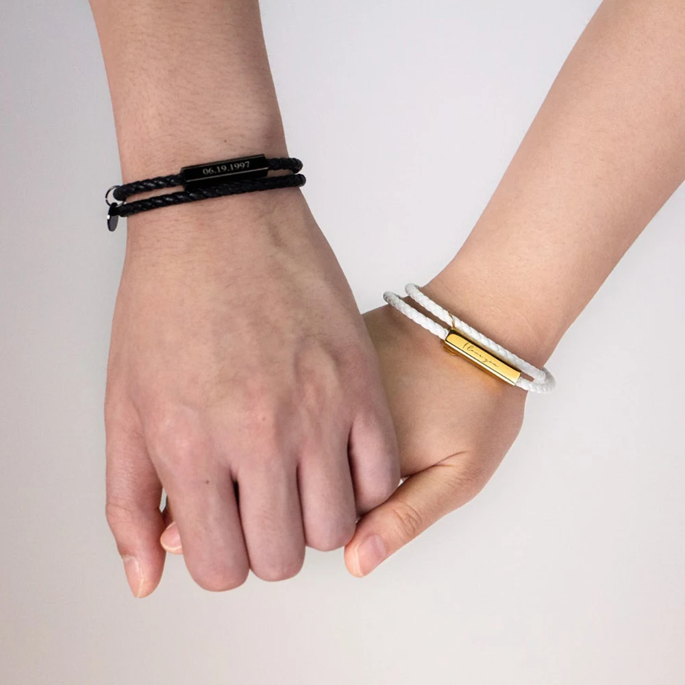 Personalized Diy Valentine Day Jewelry Stainless Steel Engraved Layered Braided Custom Leather Couple Bracelets