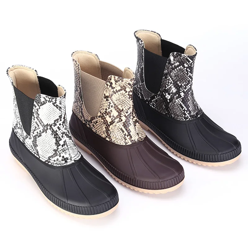 Антискользящие классические женские ботильоны со змеиным дизайном зимние короткие резиновые сапоги
