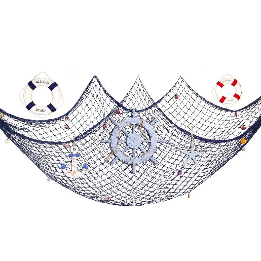 Home Wall Decorative Beach Style With Shipwheel Starfish Lifering Fish Netting Sets