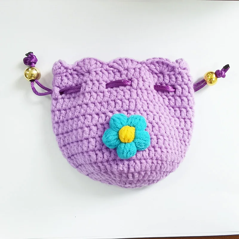 2023 new Korean style small DIY handmade knitted flower pulling storage bag woolen lipstick earphone small bag Coin wallet