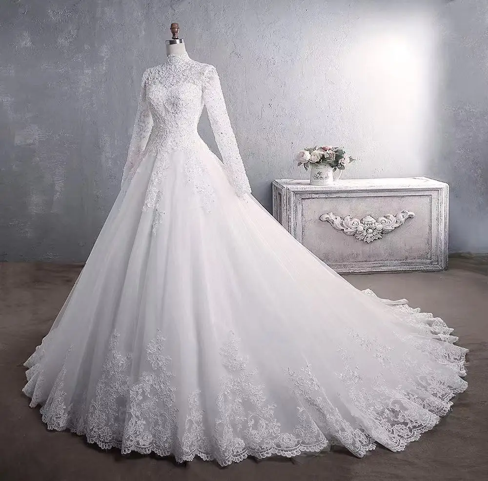 2021 newest style stand collar Muslim women wedding dress plus size lady bridal gown with