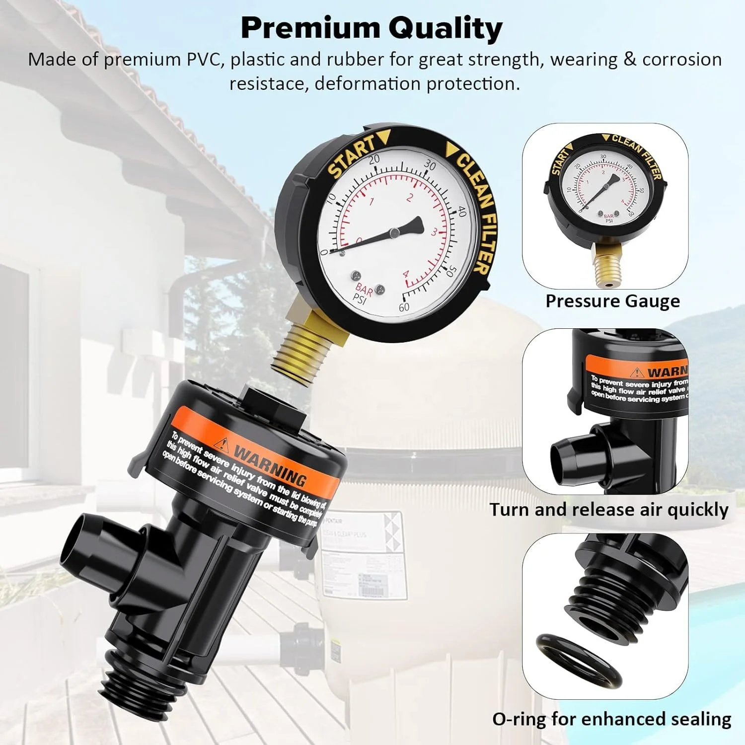 High Flow Manual Relief Valve Air Relief Manual Valve Assembly with Pressure Gauge, 98209800 Replacement for Pool and Spa Filter