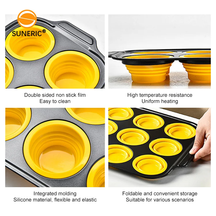 12 cup collapsible cupcake baking mold cake tin pan silicone muffin cups with metal reinforced frame