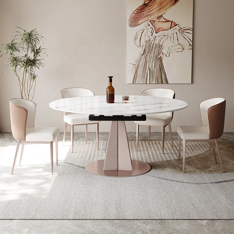 New Modern Extendable Design Dining Room Furniture 6 Seater 8 Seater Sintered Stone Table top Metal Base Round Dining Table Set
