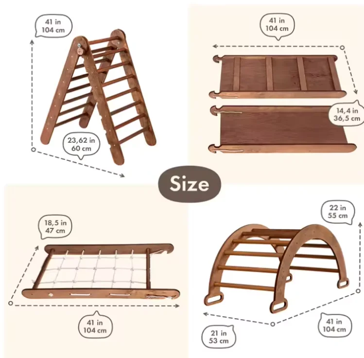 The popular 4-in-1 Montessori indoor climbing frame with wooden triangular arches and climbing paths for toddlers