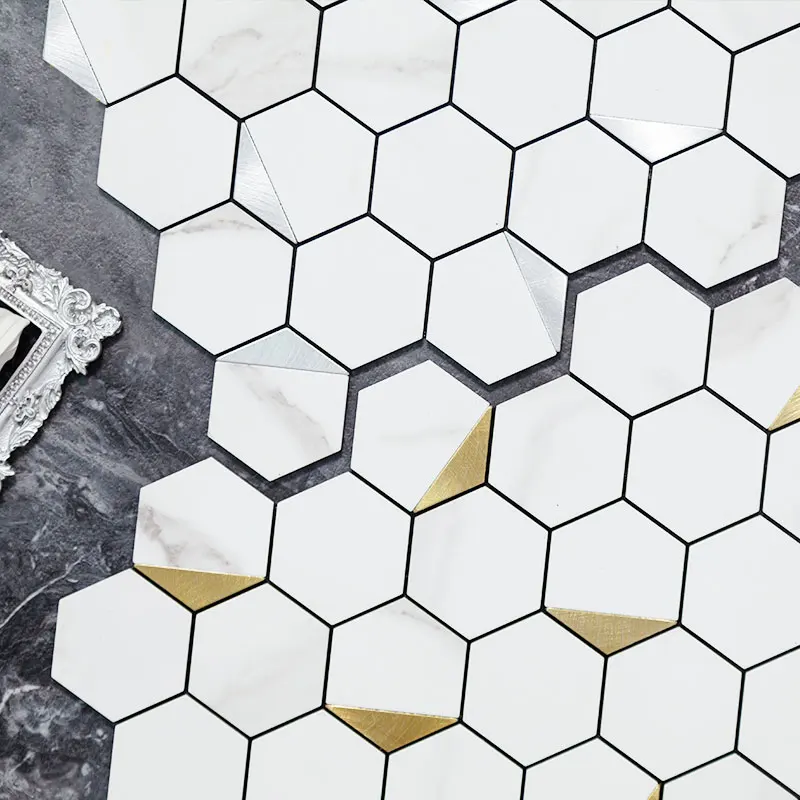 Classic Hexagonal Metal 3D Carrara Marble Look Aluminium Self Adhesive decorative Mosaic Tiles for kitchen backsplash