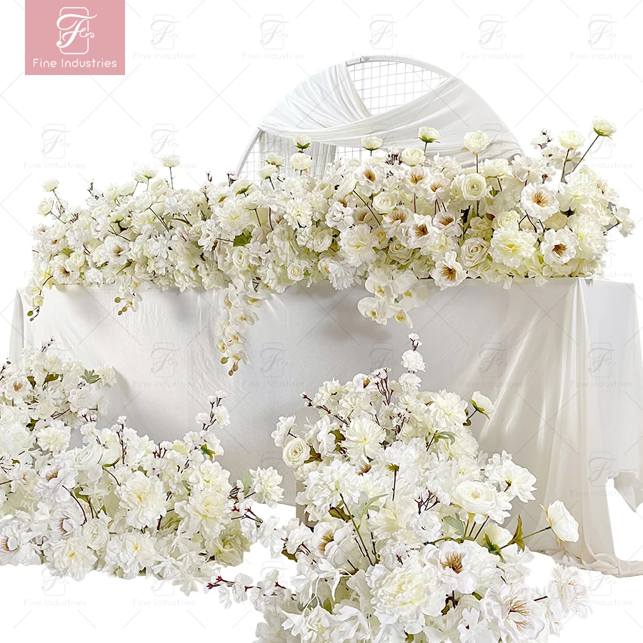 FW Artificial Floral Silk Rose Arch Wedding Runner Table Flower 2m White Flower Row Decoration