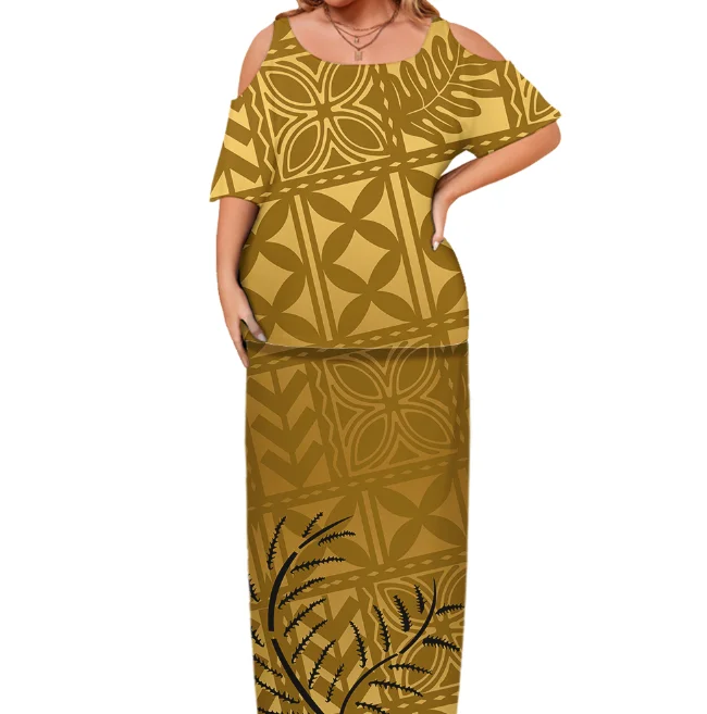 New Style Polynesian Samoa Tribal Cut Out Cold Shoulder Women Dresses Custom Tapa Pattern Tonga Puletasi Top And Skirts 2 Pc Set