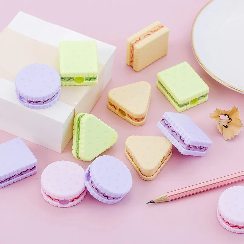 Wholesale Promotional Giveway Gift Colored Macaroon Biscuit Shape Cartoon Plastic Kids Cute Pencil Sharpener