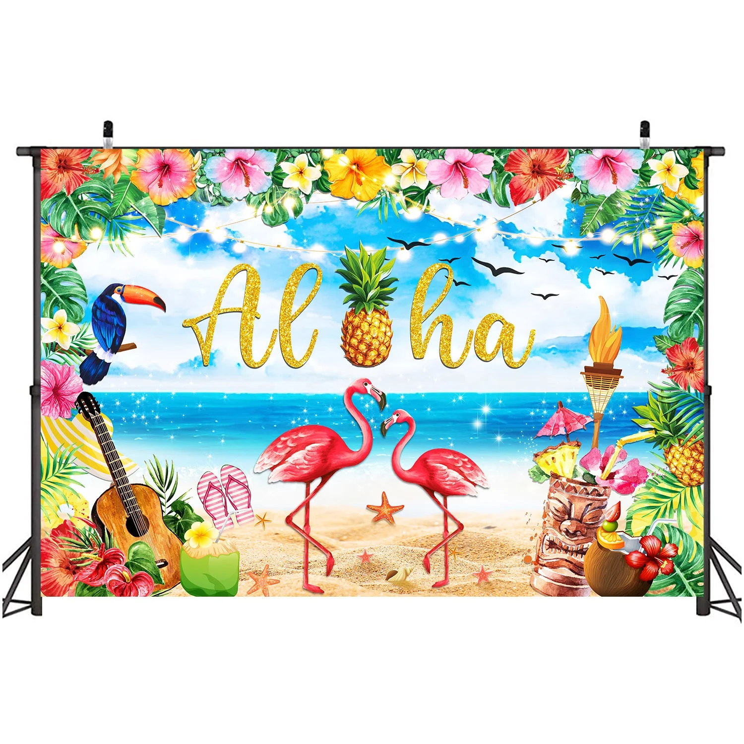 Hawaiian Luau Party Decoration Background Summer Flamingo Aloha Party Backdrop for Birthday Party
