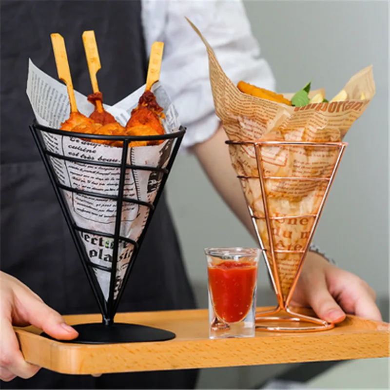 
Food Grade Metal Food Cone Snack French Fry Prawn Holder With Condiment Stand 