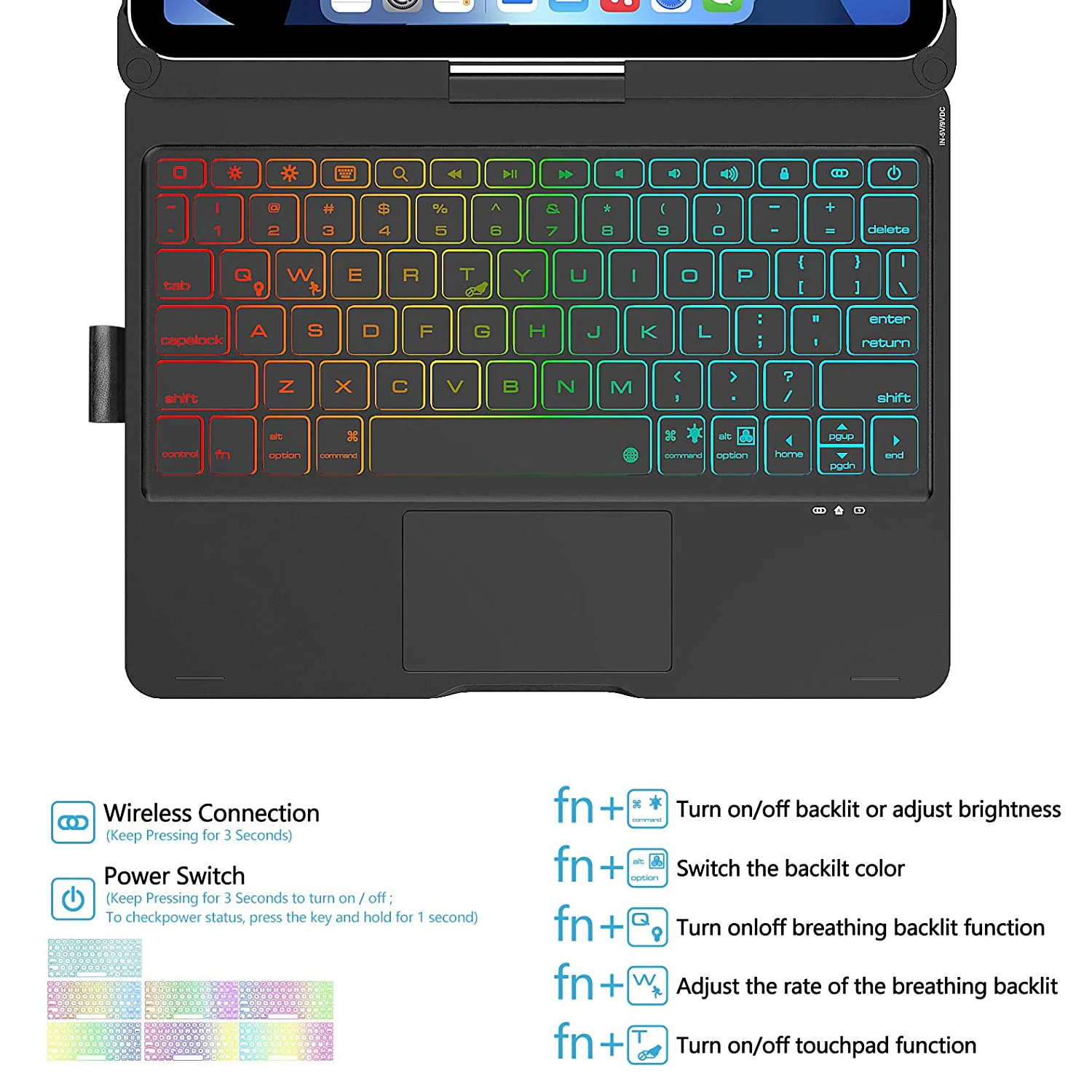 360 Rotatable 7 Color Backlight Touchpad Case Keyboard For Ipad Pro 11 Inch / Ipad Air 4 10.9 Inch