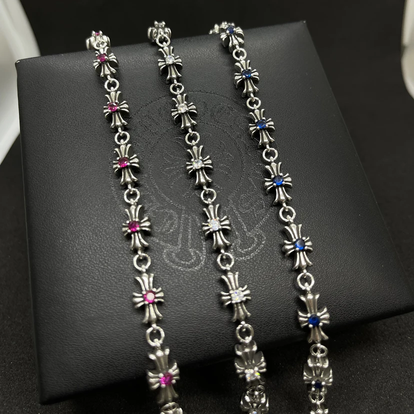 Chrome CROZA Antique Crusade Bracelet Mixed Color Inlay Retro Hip Hop Men Women Couple Old All-match Cross heart jewelry