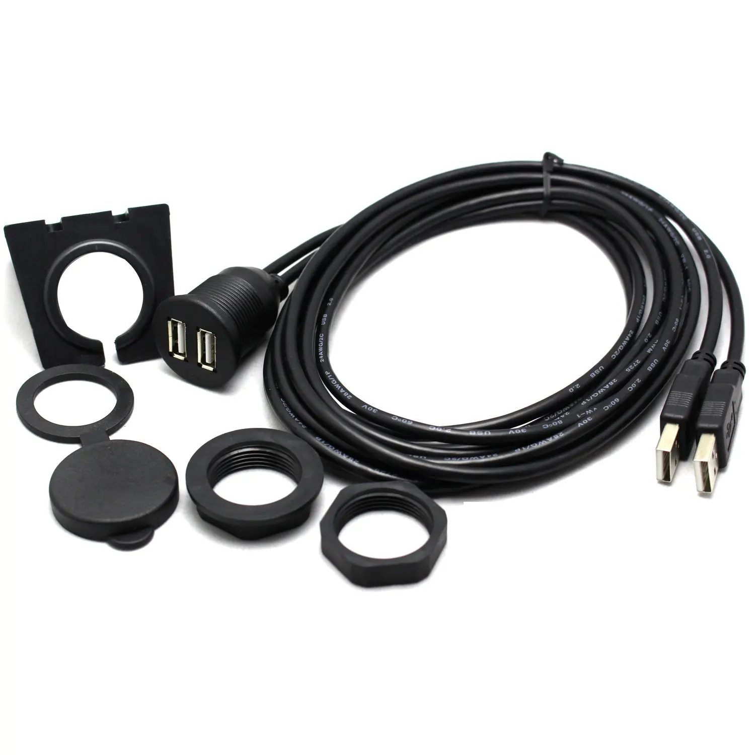 Waterproof Car USB Port Dual USB male to female Dashboard Cable Universal car accessories audio Charger wire adapter