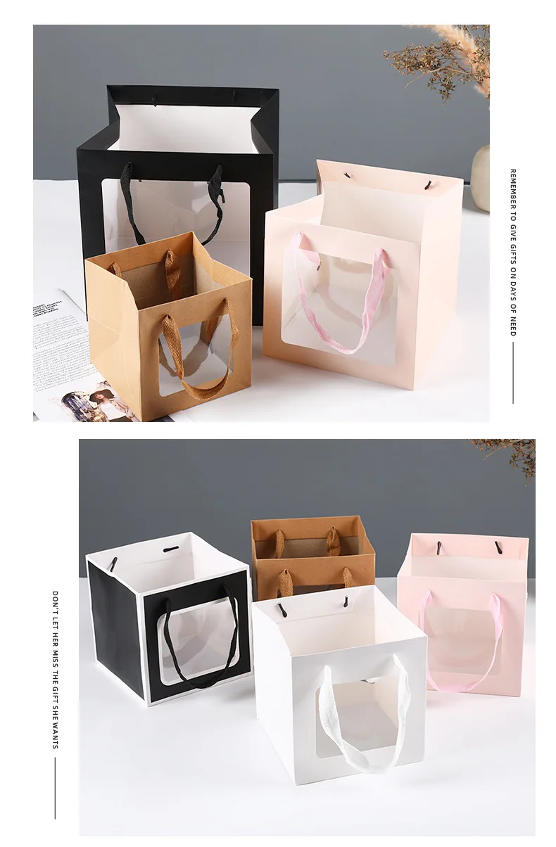 customizable Thickened square packaging flower wide bottom transparent window opening hand-held gift bag, paper bag 15