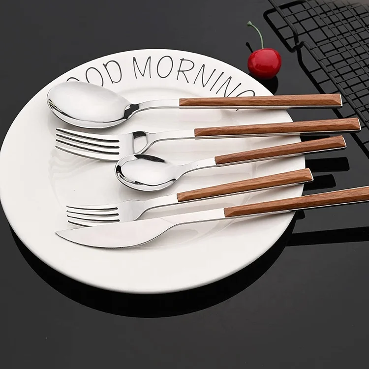 Hot Selling ABS Plastic Handle Wood Grain Stainless Steel Suitable Tableware Fork Spoon Set for Hotels Plastic Handle Cutlery