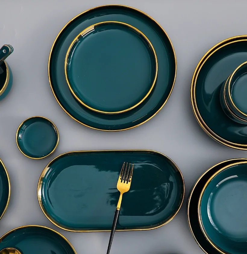  Wholesale Nordic Dark Green Black Crokery Fine Bone China Tableware Porcelain Ceramics Plates Dinnerware Dinner