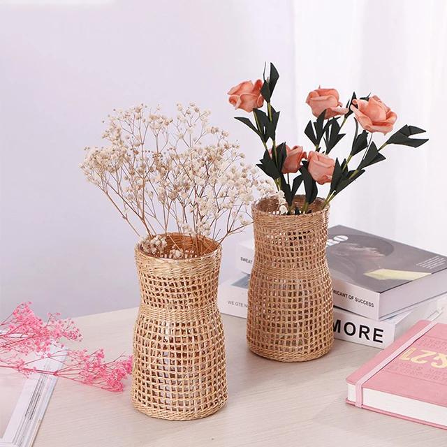 Ins Style Handmade Hydroponic Dried Flower Rattan Weaving Living Room Decoration Glass Vase