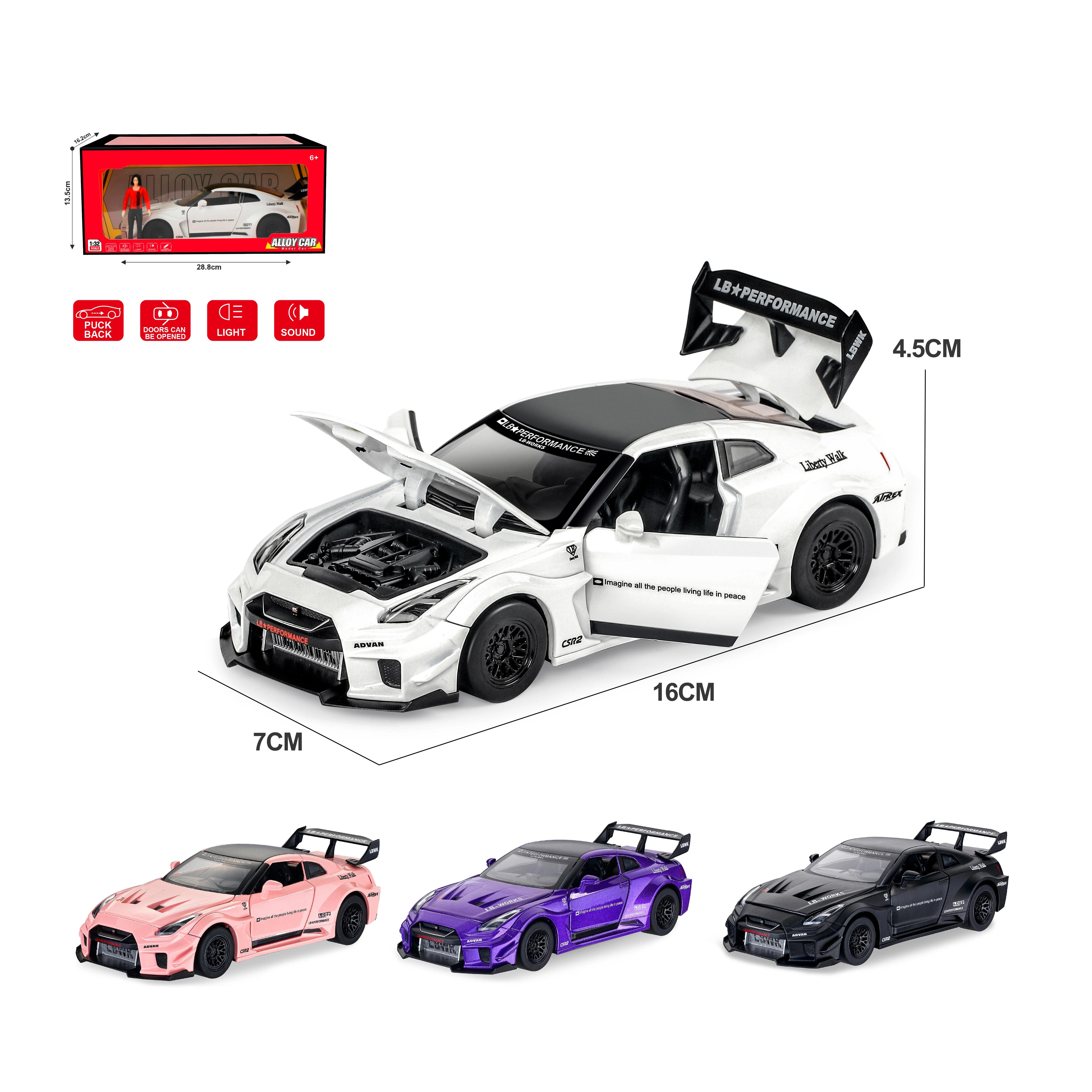 Collect Car Models GT-R 1/32 Diecast Model Car with Four Opening Doors Pull Back Diecast Toy Vehicles