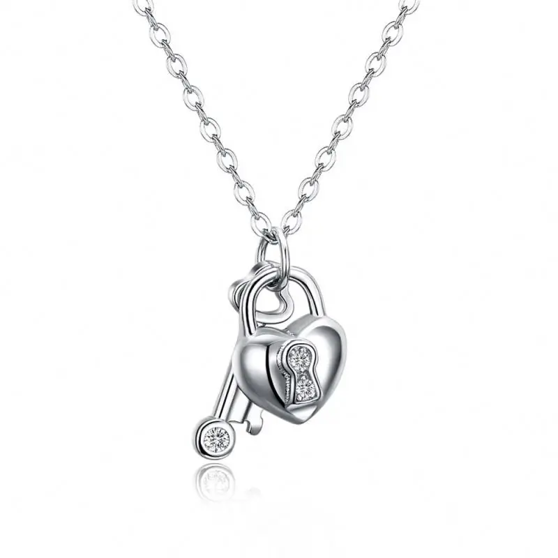 
Hot Selling 2019 Heart Locket Pendant Key Zircon Jewellery Sterling Silver 925 Jewellery Necklace Silver Necklace For lady 
