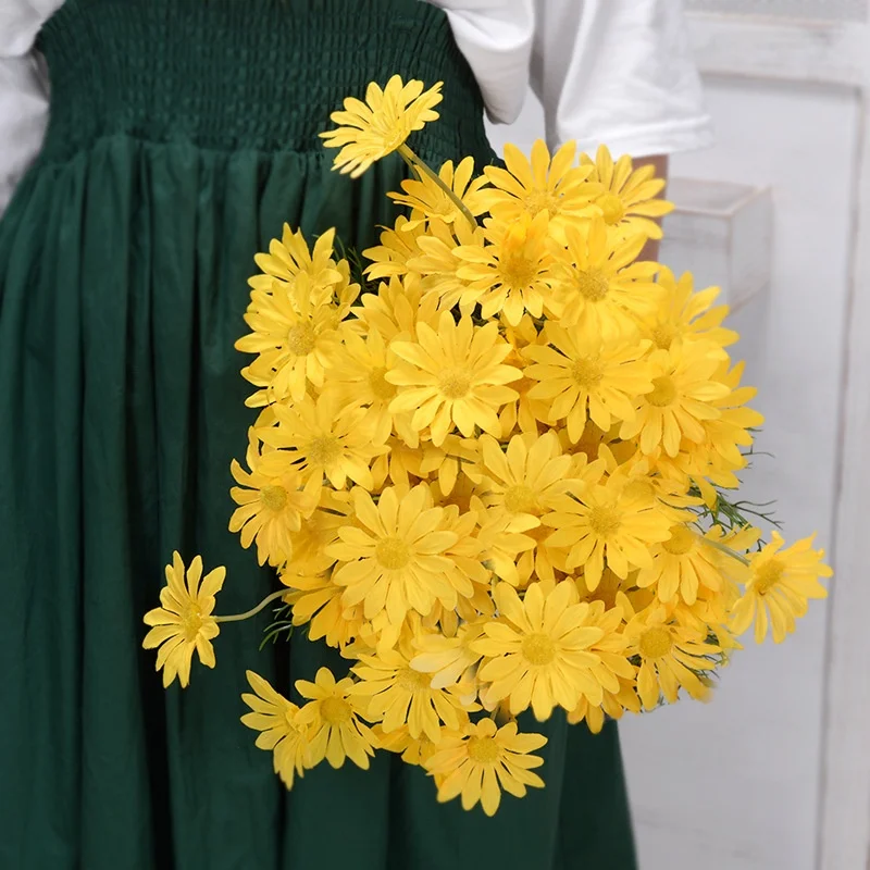 5 Hayforks Greenery Artificial Botanical Silk Yellow Little Daisy Chrysanthemum Flower Branch for Garden Wedding Home Decoration