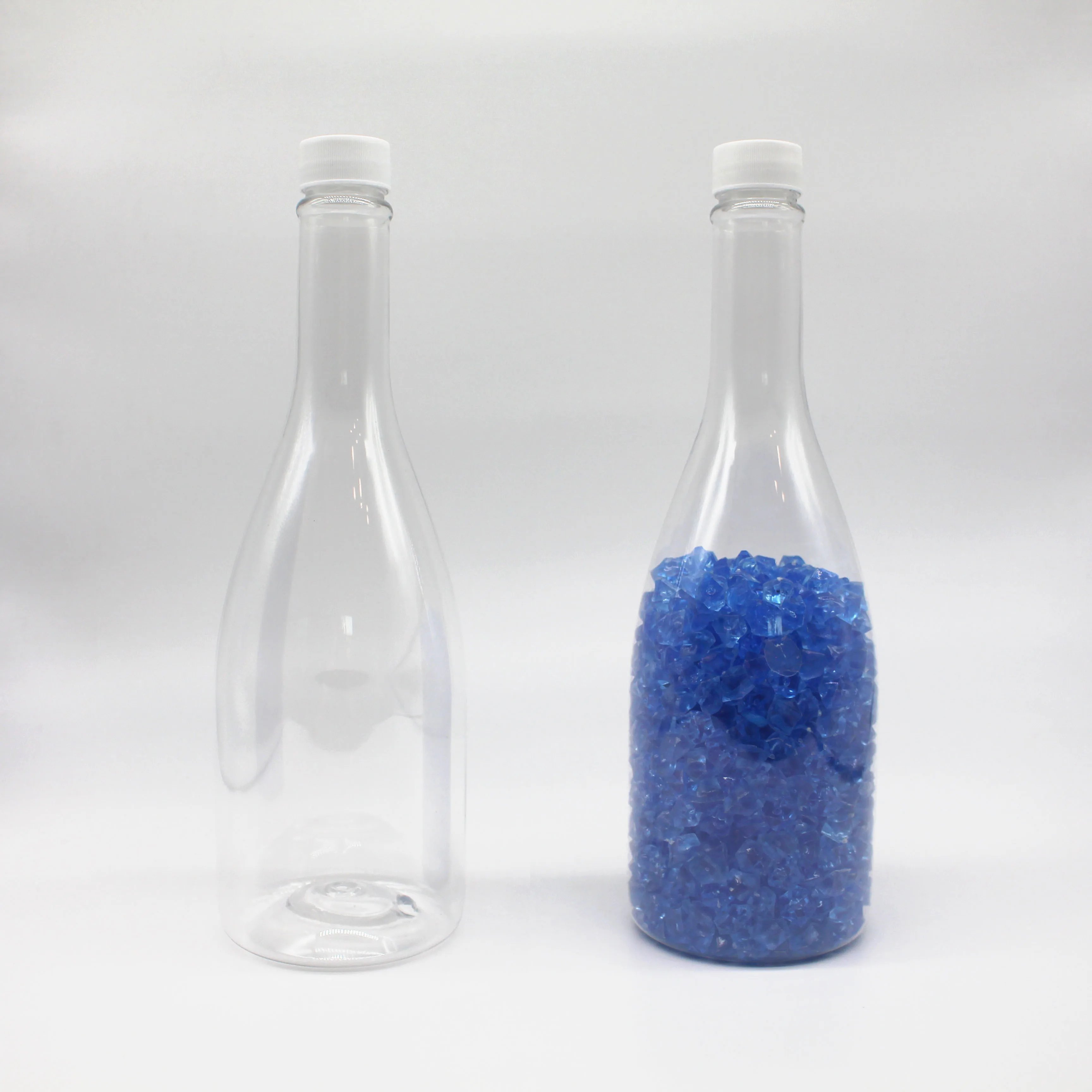 750ml transparent  PET plastic champagne  bottle with custom stickers for food packaging