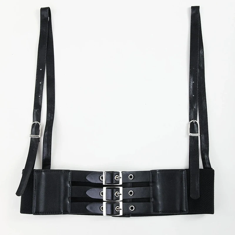 Personality Retro Women Three Layer Buckle Girdle PU Leather Harness Body Bondage Belt Shirt Dress Harness Belt