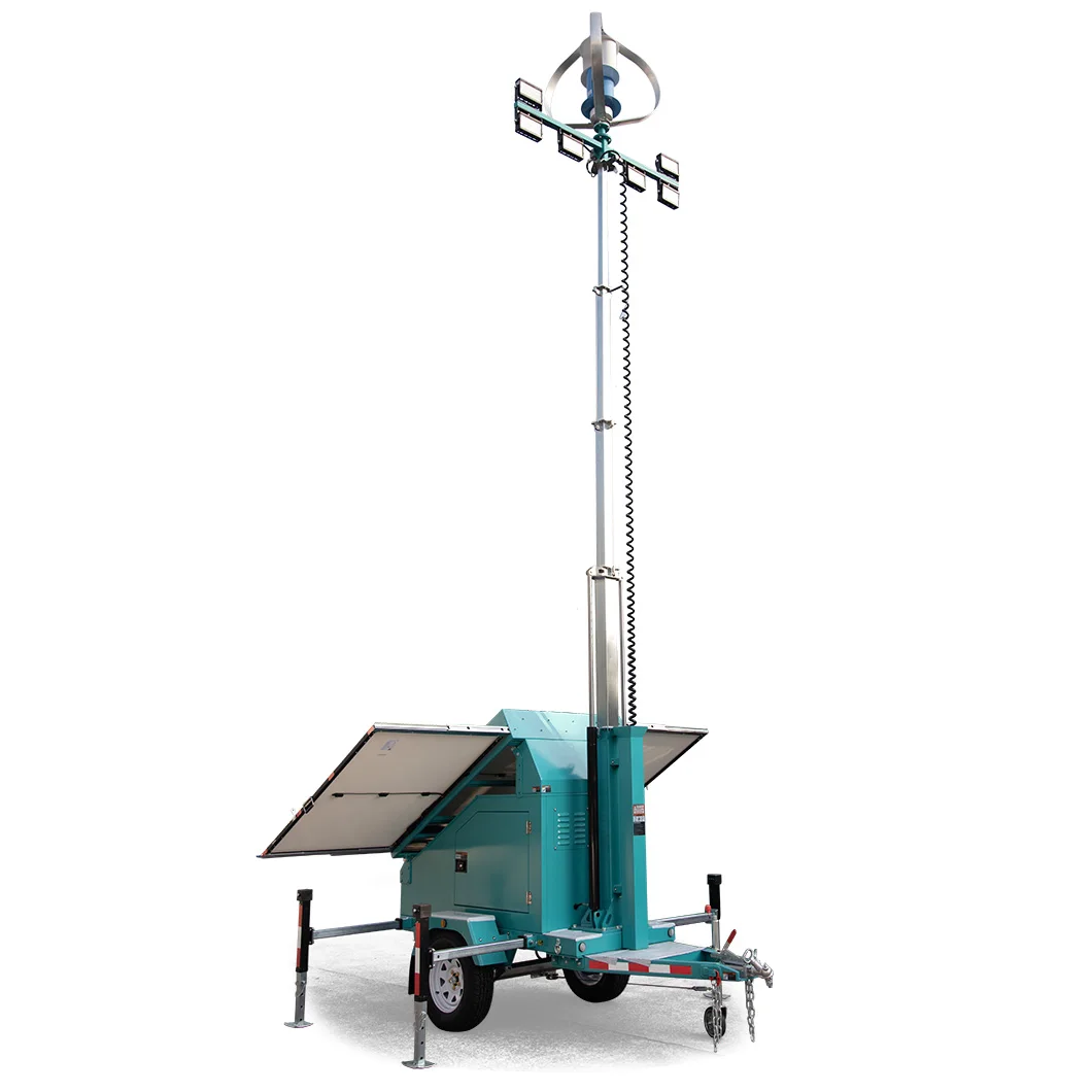 Portable solar lighting tower with wind turbine wind power