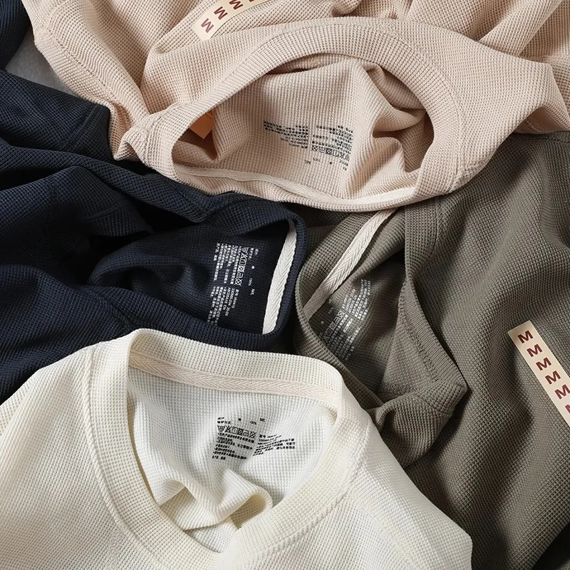 Fashion Thick Crew Neck Casual Beige Waffle T Shirt 100% Cotton Short Sleeve Knitted Mens Boxy Custom Waffle T Shirt
