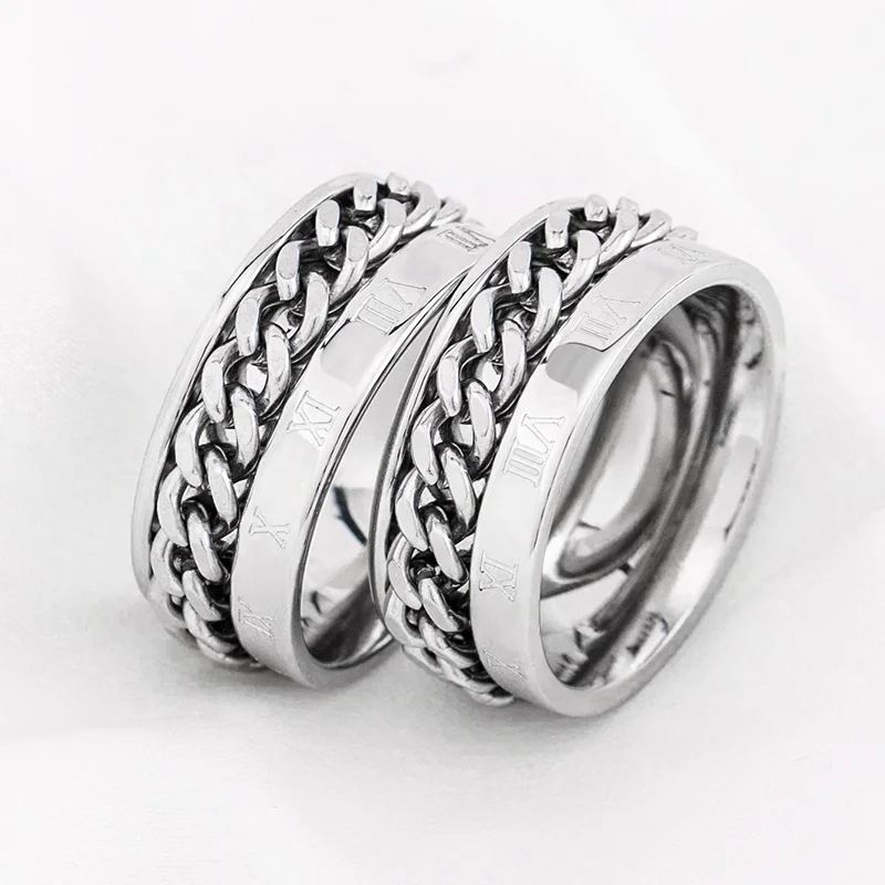 Retro Fashion Hip Hop Men And Women Waterproof Stainless Steel Roman Numeral Rotating Chain Rings For Couple Wedding Jewelry