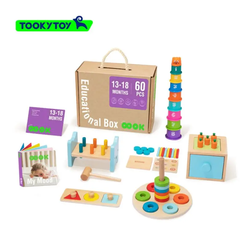Montessori 3 in 1 wooden toy set shape puzzle Stacking toy building blocks tower 13-18 month hammer beating toys Educational Box