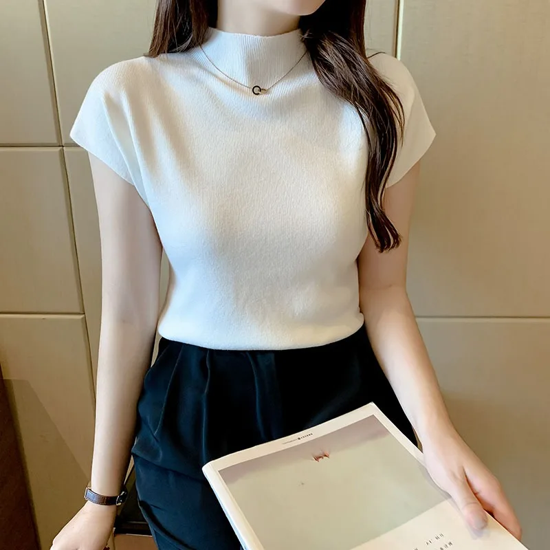 Fashion Woman Blouses 2024 Short Sleeve Summer Women Turtleneck Knitted Blouse Shirt Womens Tops And Blouses C2737