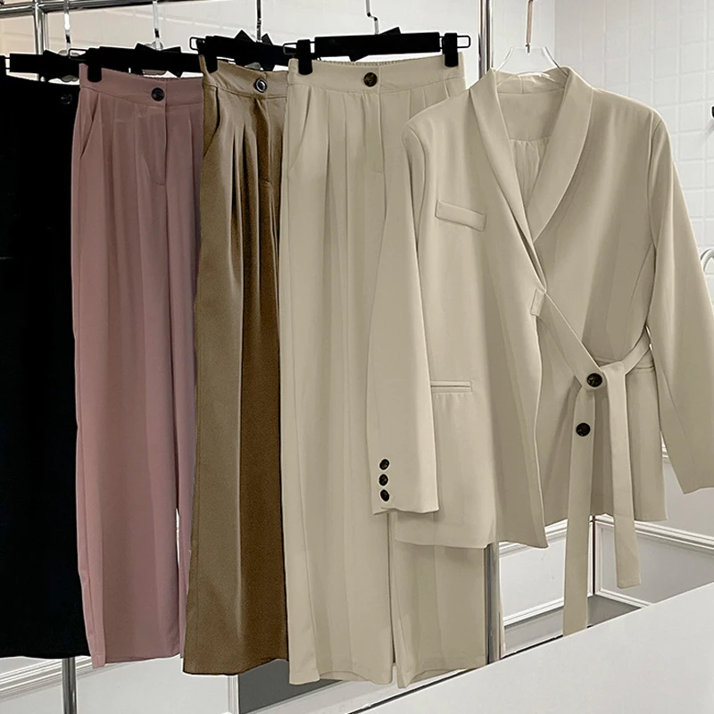 2024 Women Suit Coat + Long Pants Suits 2 Piece Set Solid Color Jacket Blazer Pants Spring Autumn Lady Office Casual Suits