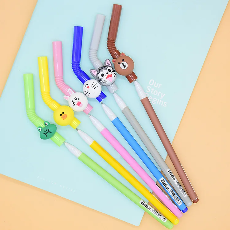 Creative Cartoon Straw Shape Cute Gel Pen Student Retractable Gel Pen 0.5mm Black Ink