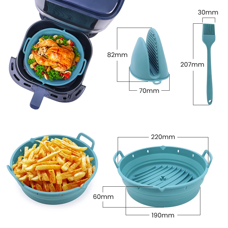 BPA Free Collapsible Round Reusable Silicone Air Fryer Basket Easy-clean Baking Mat Tray Cake Pan Air Fryer Liners Silicone Pot