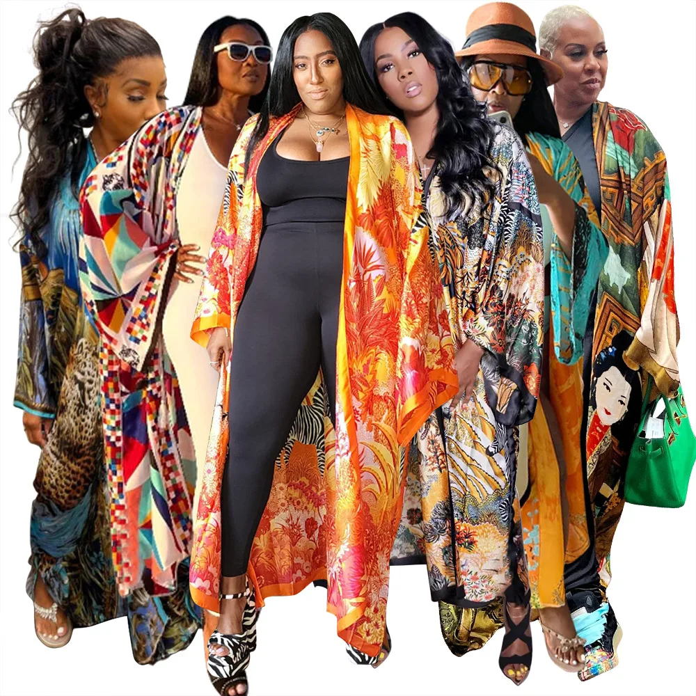 BuPao Free Size Open Front Extra Long Cover Up For Women Summer Printed Long Sleeve Satin Silky Robe Kimono Maxi Cardigan