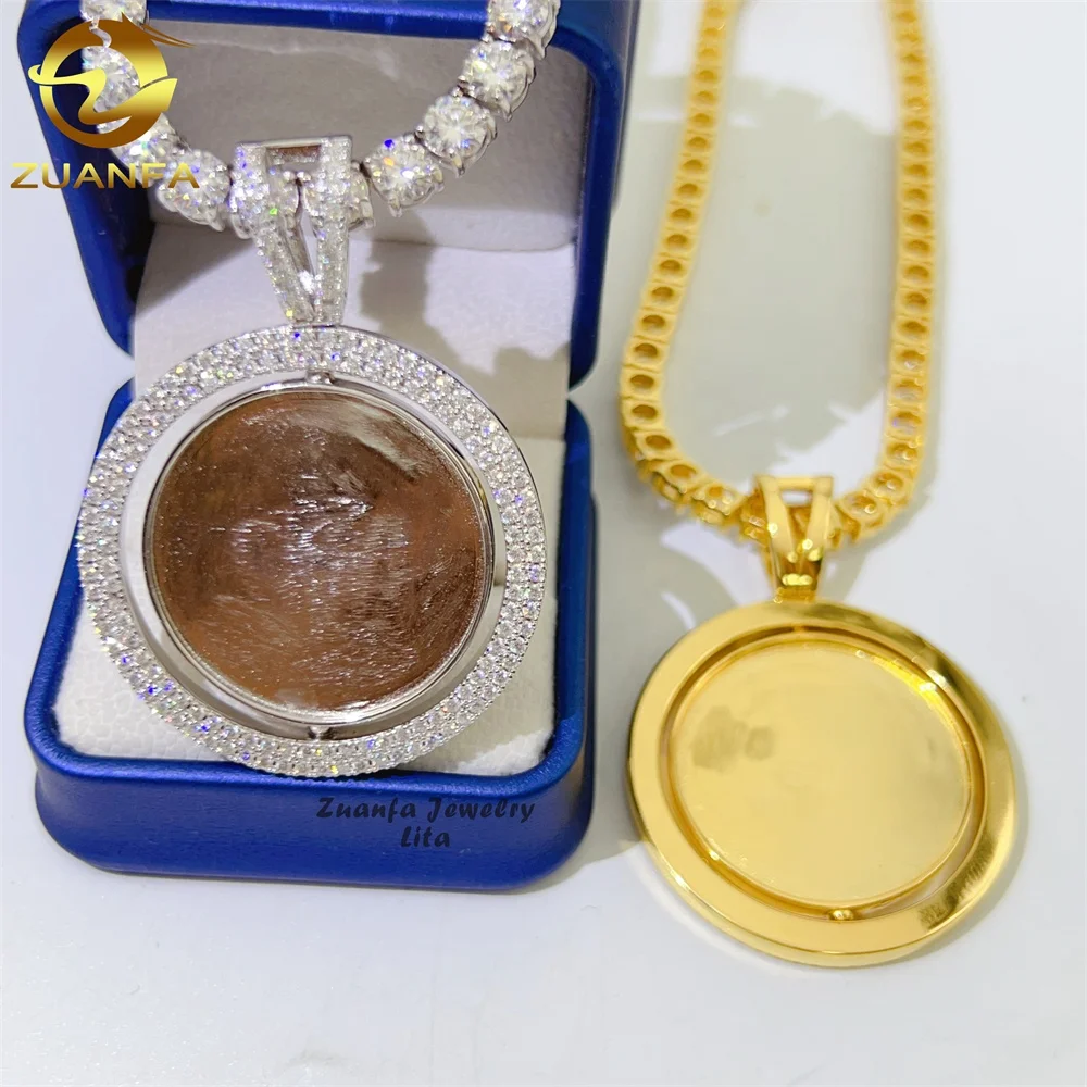 925 sterling silver rotatable double-faced photo charm hip hop moissanite pendant necklace iced out picture pendants