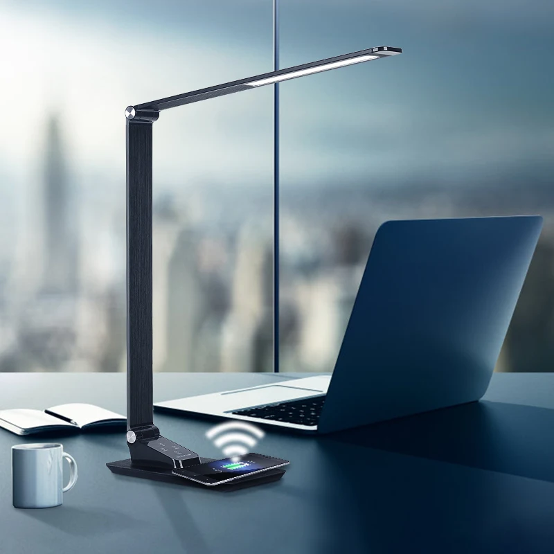 luxury metal smart Dimmable office reading desktop desk table lamp with 15w fast Mobile phone wireless charging