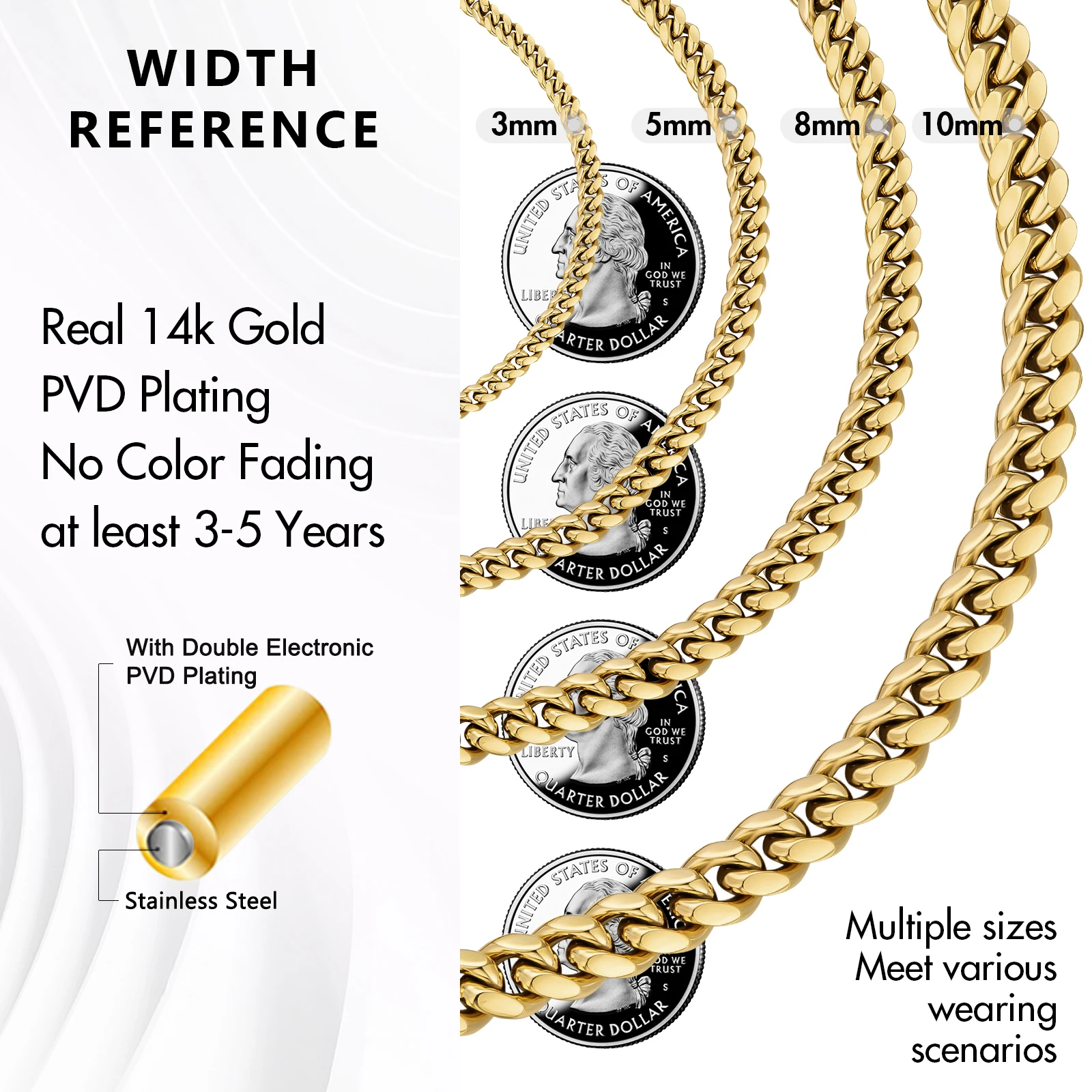 Boys Women Hip-Hop & Cool Style 14K Gold Plated 316L Stainless Steel Necklace 3mm 5mm 8mm 10mm Miami Mens Cuban Link Chain