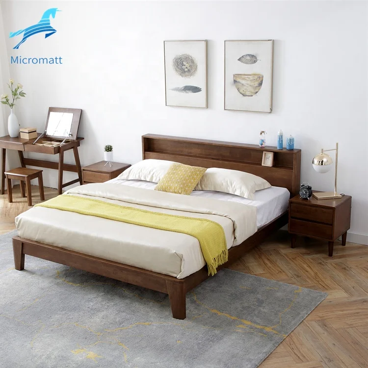 Factory Direct Selling American Style Bed Room Furniture Storage Walnut Color Apartment Queen Solid Wood Bed Frame