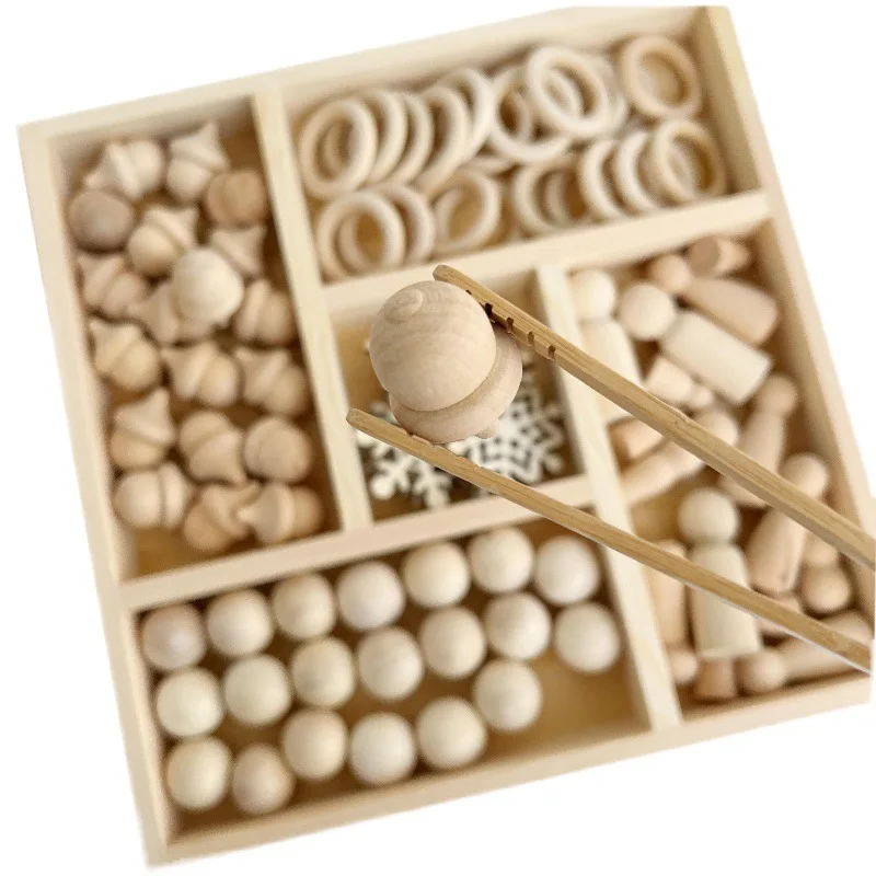 Waldorf Education DIY Kit Natural Wood Toy wooden Sensory sorting Tinker Tray box with lid for loose part play