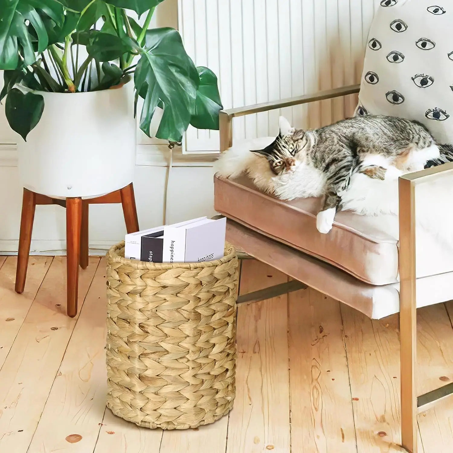 Natural Waste Basket Garbage Bin Seagrass Wicker Water Hyacinth Round Waste Basket Trash Bin With Lid