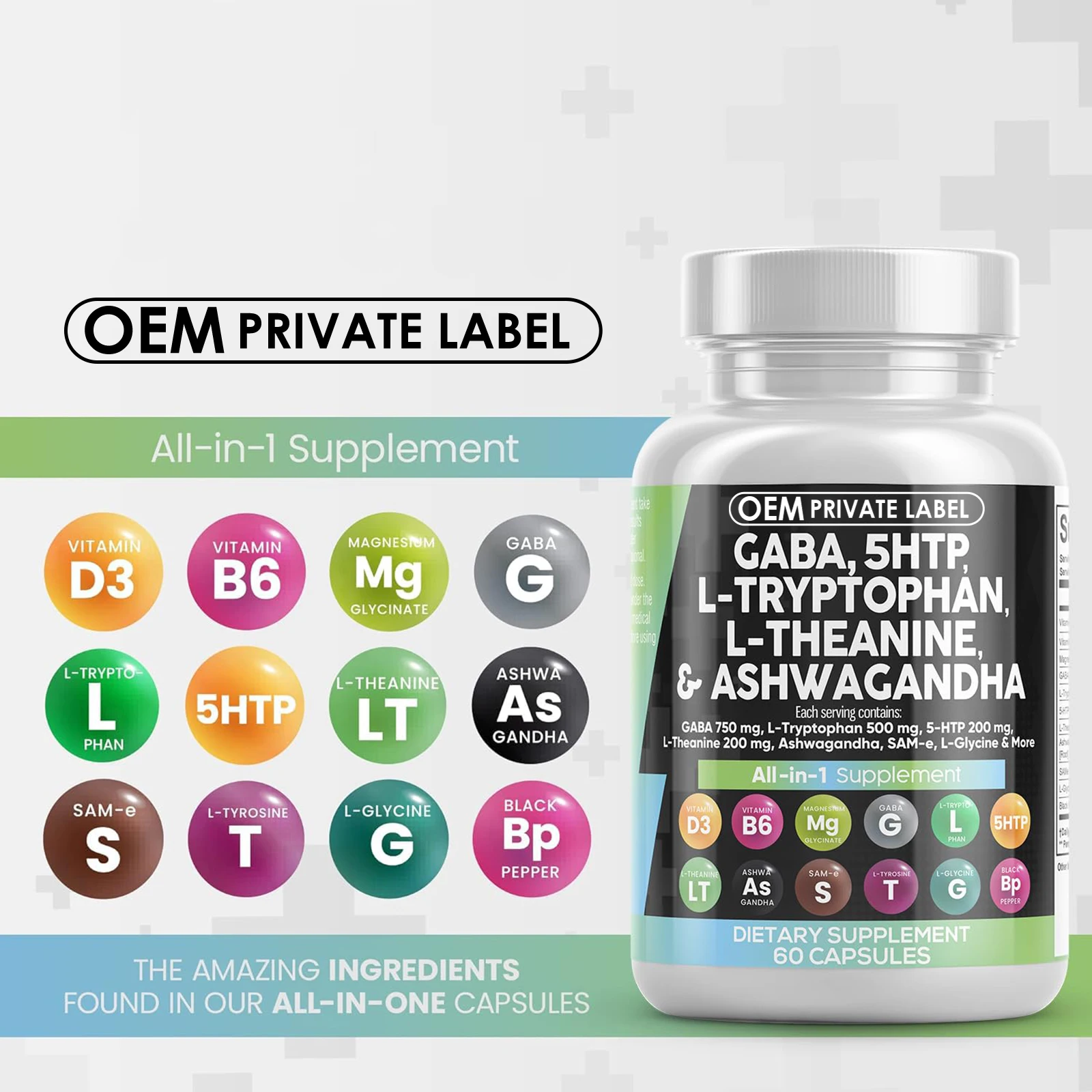 GABA Capsules 750mg 5 HTP L Tryptophan L Theanine Ashwagandha L-Glycine Mood Support Vitamins for Women and Men with L-Tyrosine